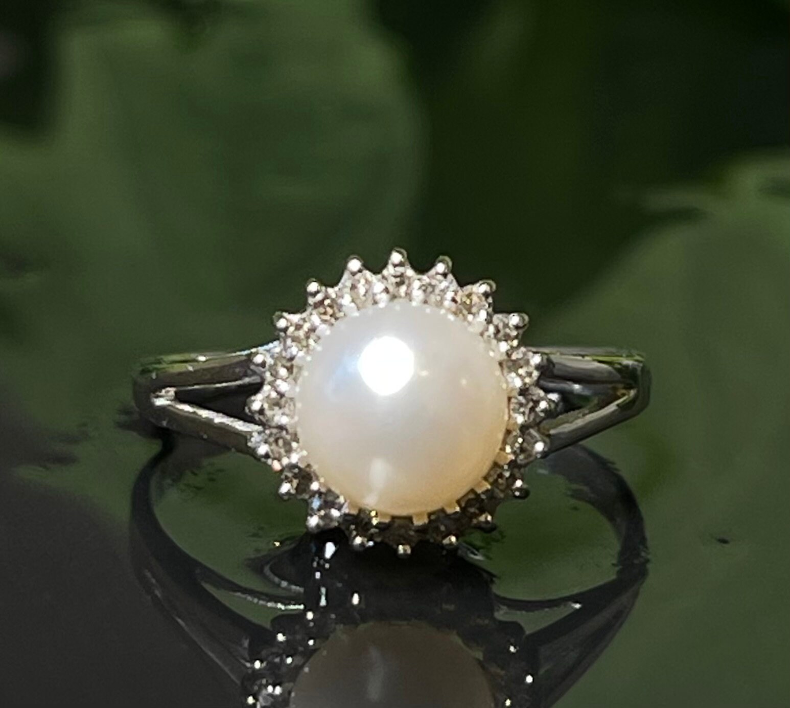 Pearl Ring Diamond Halo 14K Vintage Pearl Engagement Ring 7 mm Cultured Pearl Diamond Halo Ring June Birthday Gift for Her