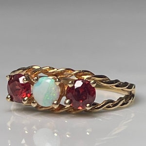 Opal Ring Garnet Opal Antique Engagement Ring, Antique Australian Opal Garnet Three Stone Ring 10K October Birthday Gift