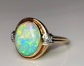 Opal Ring 14K Art Deco Opal Diamond Engagement Ring Natural Solid Australian Opal Vintage Opal Jewelry Gift for Her Libra Ring