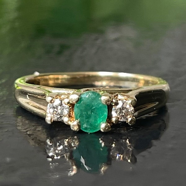 Emerald Ring Diamond Colombian Emerald Ring Three Stone Engagement Ring Yellow Gold 10K Vintage Emerald Jewelry May Birthday Gift for Wife