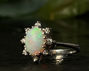 Opal Ring 14K Art Deco Diamond Opal Engagement Ring Opal Ring 14K White Gold Genuine Opal Ring October CottageCore Aesthetic Light Academia