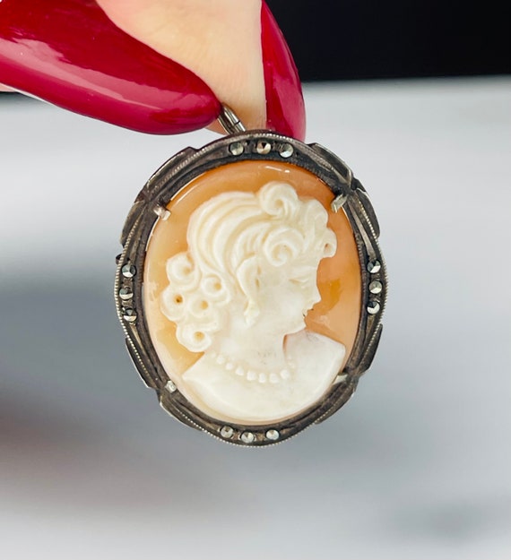 Cameo Pendant Antique Sterling Silver Hand Carved 