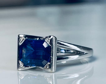 Sapphire Ring French Sapphire Engagement Ring 18K Diamond 2.75 Carat Sapphire French Emerald Cut Sapphire September Mermaid Aesthetic