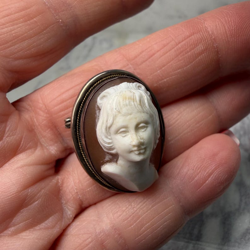 Puede incluir: Broche de camafeo ovalado con un perfil blanco tallado de un rostro femenino sobre un fondo marr&oacute;n. El camafeo est&aacute; enmarcado por un borde de metal plateado. Una joya cl&aacute;sica.