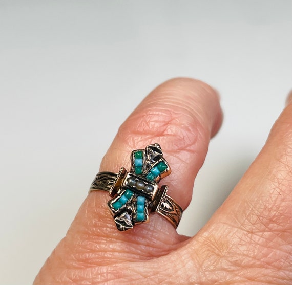 Turquoise Ring Victorian Ring 10k Antique 1800s R… - image 4
