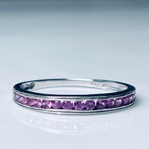 Pink Sapphire Ring Wedding Ring 14K Genuine Pink Sapphire Half Eternity Band Stacking Ring White Gold Vintage Anniversary Stacking Gift Her
