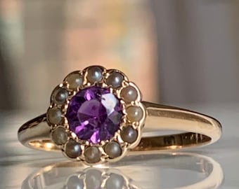 Amethyst Seed Pearl Ring 14K Victorian Ring Pearl Amethyst Ring 1800s Unique Engagement Ring Antique 14K Yellow Gold Ring February Birthday