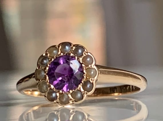 Amethyst Seed Pearl Ring 14K Victorian Ring Pearl… - image 1