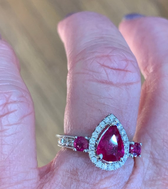Ruby Ring 18K Engagement Ring Pear Ruby Diamond E… - image 9