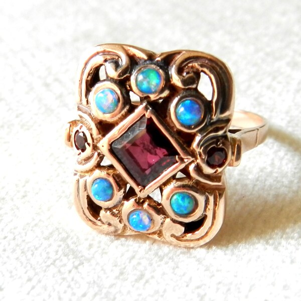 Hold for J. Antique Opal Ring, 14K Rose Gold Ring, Opal & Rubellite Tourmaline Ring