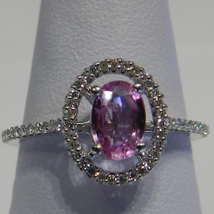 Pink Sapphire Ring 18K White Gold Natural Pink Sapphire Diamond Engagement Ring 18K Genuine Diamond Halo Engagement Ring Vintage Engagement