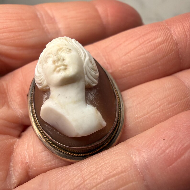 Puede incluir: Broche de camafeo ovalado con un perfil tallado en blanco de la cara y el cuello de una mujer. El camafeo est&aacute; sobre un fondo marr&oacute;n, enmarcado por un borde de metal plateado y dorado. El broche se sostiene en una mano.