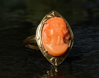 Coral Ring 1800s Antique Coral Cameo Ring Art Nouveau Era High Relief Face 3D Carved Cameo Muse Victorian Gold 10K Yellow Gold