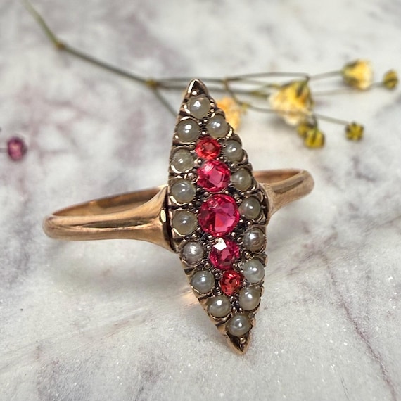 Victorian Ruby Ring 1800s Antique Shield Engagement Ring Gold 14K 1800s Ring Seed Pearl July Birthday Vintage Jewelry 14K