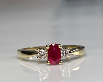 Ruby Ring 14K Ruby Engagement Ring Diamond Gold Oval Cut Genuine Natural Ruby Diamond Vintage July Birthday Birthstone Gift for Her