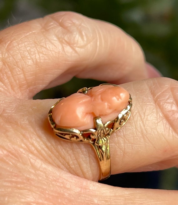 Cameo Ring Coral 10K Art Deco Antique Coral Cameo… - image 8