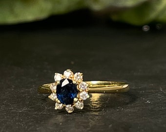 Sapphire Ring 18K Sapphire Diamond Halo Engagement Ring Genuine Sapphire 750 Gold September Birthday Gift for Her
