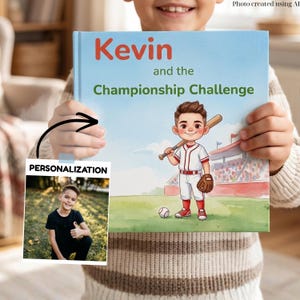 Könnte beinhalten: Ein gebundenes Buch mit dem Titel Kevin and the Championship Challenge und einer Comic-Illustration eines Baseballspielers auf dem Cover. Ein kleines Foto mit der Aufschrift PERSONALIZATION zeigt einen Jungen mit erhobenem Daumen.