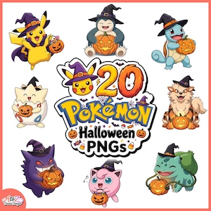 May include: A collection of 20 digital illustrations featuring various Pokémon characters wearing witch hats and holding jack-o'-lanterns, with the text 20 Pokémon Halloween PNGs displayed in the center surrounded by small bats and candy.
