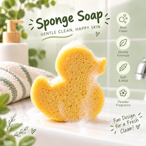 Puede incluir: Una esponja amarilla con forma de pato cubierta de espuma de jabón blanca. El texto dice Sponge Soap, GENTLE CLEAN, HAPPY SKIN, Rich Foam, Gentle Formula, Soft & Mild, Powder Fragrance y Fun Design for a Fresh Clean! La esponja está.