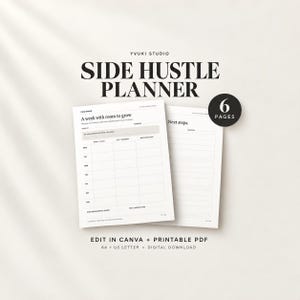 Puede incluir: Un planificador digital Side Hustle Planner de Yvuki Studio con 6 páginas. Las hojas blancas incluyen un horario semanal con columnas para trabajo, vida y objetivos, además de una página Next Steps. Texto incluye A4, US Letter y descarga digital.