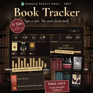 Book Tracker Spreadsheet, Reading Tracker Google Sheets, Reading Log, Reading Journal | 2027 Dark Academia Library, Automatic Book Covers