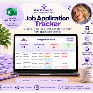 May include: A digital job application tracker spreadsheet displayed on a laptop screen. The interface features columns for company, job title, dates, and status. Text includes Your Career Co. Job Application Tracker, Excel Spreadsheet, and various icons.