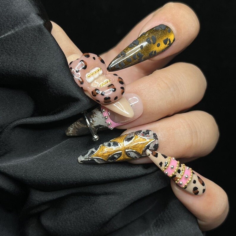 3D Grillz Leopard Print Press on Nails | Y2K Baddie Metal Piercing ...