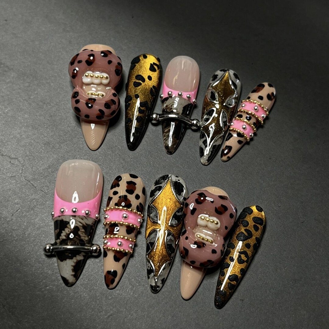 3D Grillz Leopard Print Press on Nails | Y2K Baddie Metal Piercing ...