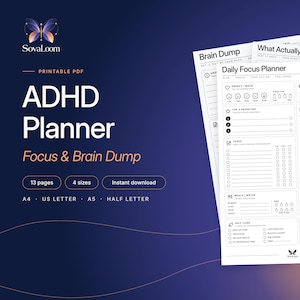 Può includere: Un set di pianificatori ADHD in PDF stampabile con pagine Daily Focus Planner, Brain Dump e What Actually Matters. I fogli bianchi includono sezioni per energia, umore, priorità, attività, programma, pasti, acqua e il marchio SovaLoom.