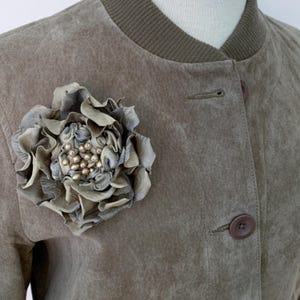 Taupe Silk Floral Brooch,  Beige Pearl Centre, Textile Art Pin Sculpture, Couture Flower Accessory