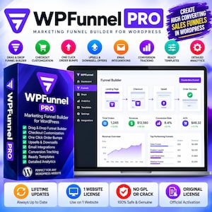 Puede incluir: Una caja de software para WPFunnel PRO, un constructor de embudos de marketing para WordPress, junto a la pantalla de un portátil que muestra un panel de control con análisis, ingresos, datos de conversión e iconos de funciones.