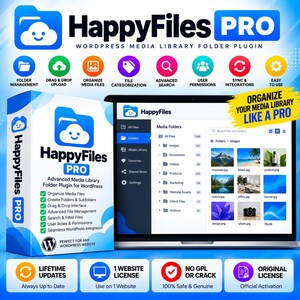 HappyFiles Pro-licentie, WordPress-mediabibliotheekplug-in, bestandsbeheerder, mediamappen, WordPress-organizer, 1 website, levenslange updates