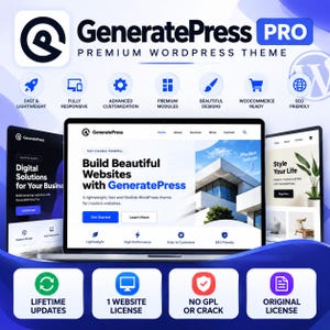 May include: A digital graphic for GeneratePress PRO premium WordPress theme featuring a laptop displaying a website interface. Icons highlight features like fast, responsive, and SEO friendly. Text includes Lifetime Updates and Original License.
