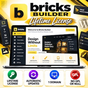 Bricks Builder License, Bricks WordPress Theme, WordPress Page Builder, Bricks Builder Pro, 1 Website License, Lifetime Updates