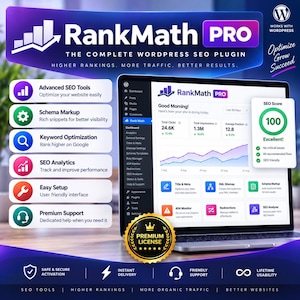 May include: A laptop screen displaying the RankMath PRO WordPress SEO plugin dashboard with analytics, a 100 SEO score, and a list of features including schema markup, keyword optimization, and SEO analytics, all set against a dark blue background.