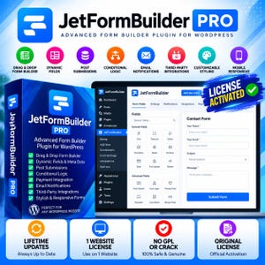 May include: JetFormBuilder PRO software box and laptop screen displaying a WordPress form builder interface. The blue and white branding features icons for drag and drop, dynamic fields, and conditional logic. A License Activated badge is visible.