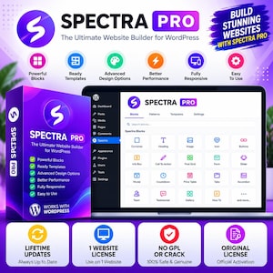 以下が含まれることがあります： Spectra Pro, The Ultimate Website Builder for WordPressとラベル付けされた紫と白のソフトウェア製品ボックス。Spectra Proインターフェース、様々なブロックアイコン、機能リストが表示されたノートパソコンの画面の横に配置されています。
