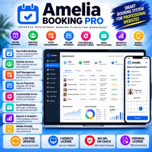 May include: Amelia Booking Pro software interface displayed on a laptop and smartphone screen. The dashboard shows appointment data, revenue, and service analytics. Icons represent features like online booking, staff management, and secure payments.