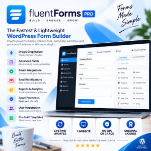 May include: A digital advertisement for FluentForms PRO, a WordPress form builder. The graphic displays a laptop screen showing the form editor interface, alongside a list of features including drag and drop, advanced fields, and spam protection.