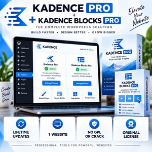 May include: A laptop displaying the Kadence Pro and Kadence Blocks Pro WordPress interface, accompanied by two software boxes. The screen shows active plugin statuses, while the boxes feature blue branding and text including Kadence Pro and Kadence Blocks Pro.