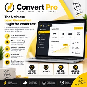 May include: A laptop displaying the Convert Pro WordPress plugin interface, featuring a dashboard with campaign analytics, drag and drop builder, advanced targeting, templates, A/B testing, and email integrations, with text highlighting lifetime updates.