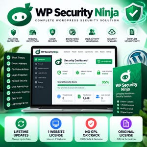 Op de afbeelding: Een laptop met het WP Security Ninja dashboard in een groen-witte interface. Het scherm toont beveiligingsstatistieken, waaronder een algemene score van 95%. Naast de laptop staat een doos van WP Security Ninja met diverse iconen.