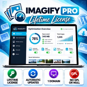 Imagify Pro-Lizenz, WordPress-Plugin zur Bildoptimierung, Bildkomprimierung, WebP AVIF, lebenslange Lizenz, lebenslange Updates, digitale Datei