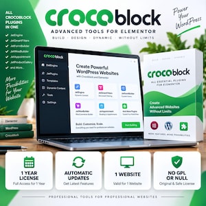 May include: A laptop displaying the Crocoblock interface for Elementor alongside a branded software box. The screen shows plugin options like JetEngine and JetSmartFilters. Below are four icons detailing a 1-year license, automatic updates, 1-website usage, and a no-GPL guarantee.