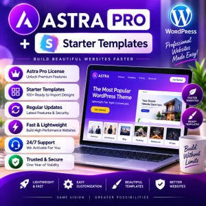 Puede incluir: Un portátil que muestra la interfaz del sitio web Astra Pro y Starter Templates sobre un fondo morado. La imagen incluye texto que detalla características como Astra Pro License, Starter Templates, Regular Updates, Fast and Lightweight, 24/7 Support y Trusted and Secure, junto a una taza blanca con el texto Build Without Limits.