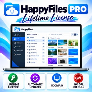 HappyFiles Pro License, WordPress Media Library Plugin, File Manager, Media Folders, WordPress Organizer, 1 Website, Lifetime Updates