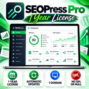 SEOPress Pro License, WordPress SEO Plugin, SEO Optimization, XML Sitemap, Schema Markup, 1 Website License, 1 Year Updates