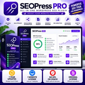 May include: SEOPress PRO all-in-one WordPress SEO plugin software box and digital dashboard interface. The purple and white graphic displays features like on-page SEO, XML sitemaps, social media optimisation, schema markup, and analytics.