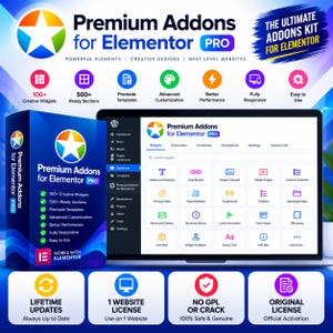 May include: A digital product display for Premium Addons for Elementor PRO, featuring a software box and a laptop screen showing a WordPress dashboard interface with various widget icons, text labels, and feature lists on a blue and white background.